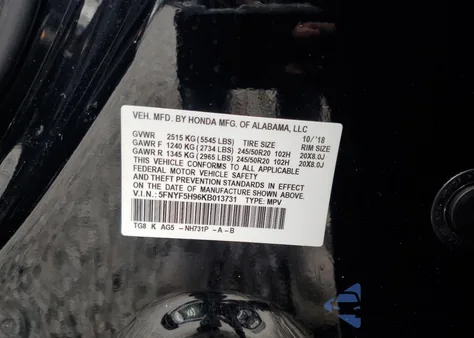 2019 Honda Pilot Touring from USA, damaged, VIN 5FNYF5H96KB013731